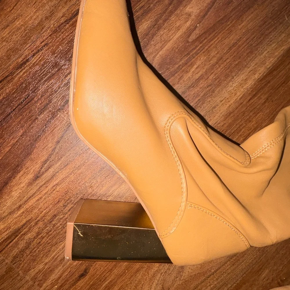 Franco Sarto Camel Knee-High Boots – Gold Block Heel – Size 8